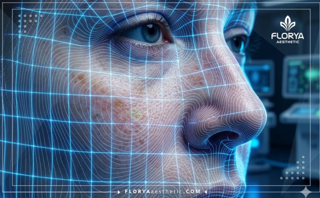 Futuristic 3D macro scan of facial skin highlighting targeted pigmentation zones