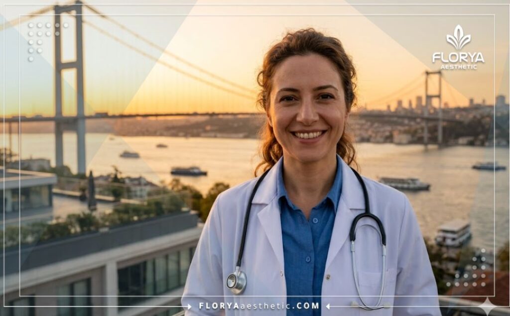 Friendly dermatologist smiling in front of the Bosphorus bridge in Istanbul