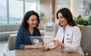 Médico explicando el Láser PicoWay para pigmentación en Turquía usando una tableta transparente