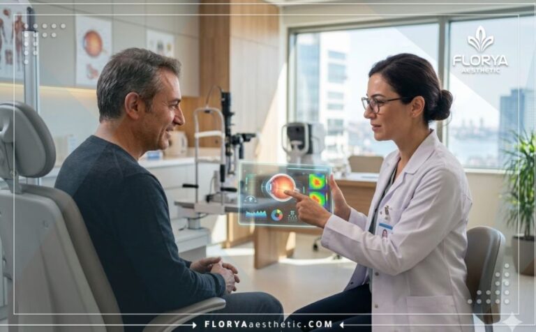 طبيب يستخدم تكنولوجيا رقمية متقدمة في مستشفى عيون خاص في تركيا.