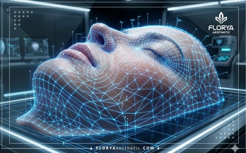 Futuristic 3D macro surface scan highlighting facial skin for precise medical treatment.