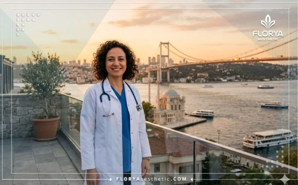 Friendly aesthetic doctor welcoming patients with the Bosphorus Bridge in the background.