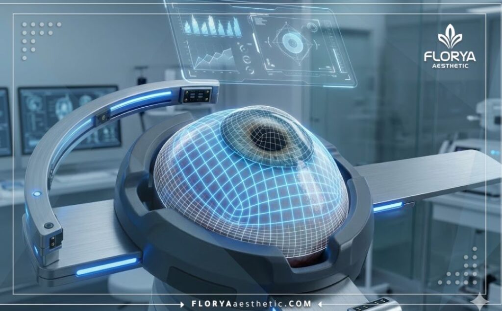 مسح رقمي ثلاثي الأبعاد لمنطقة العين يوضح دقة تصميم العيون الصناعية.