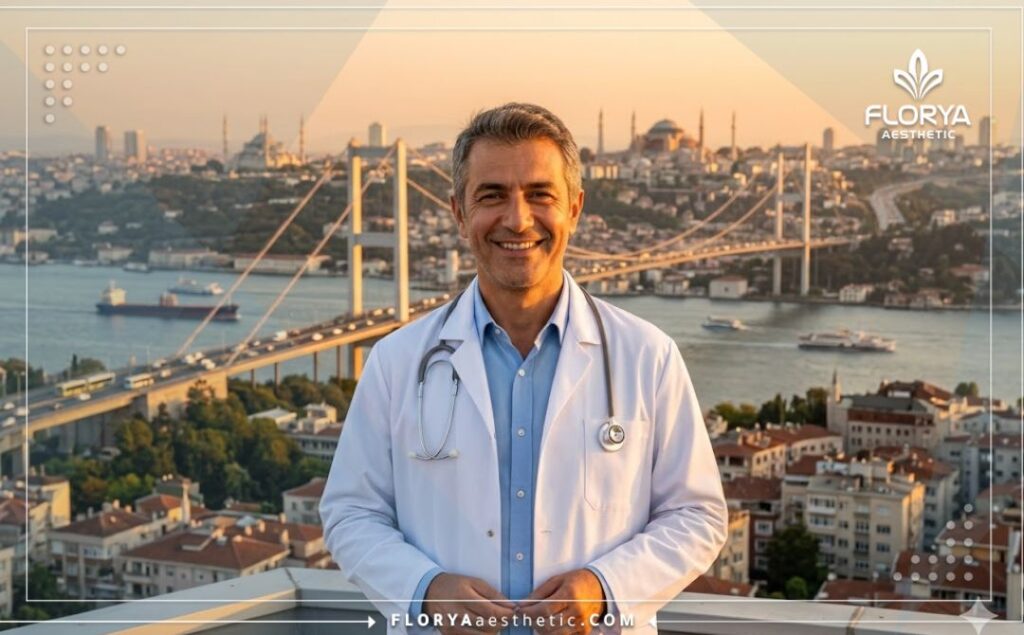 طبيب عيون يبتسم مرحباً بالمريض مع خلفية لمعالم مدينة اسطنبول.