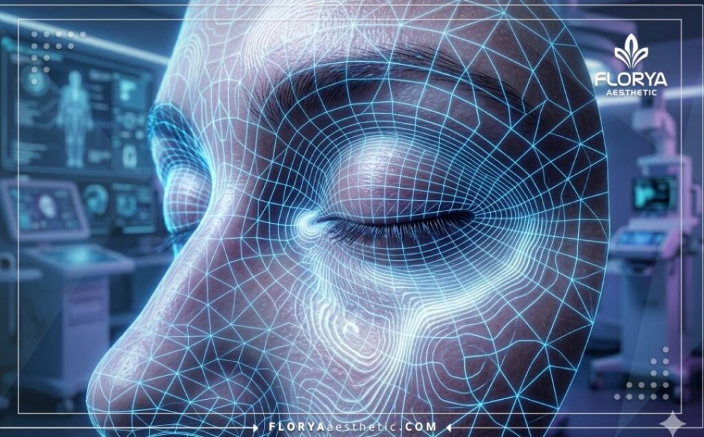 High-tech 3D macro surface scan focusing precisely on the eye area with a glowing neon laser grid