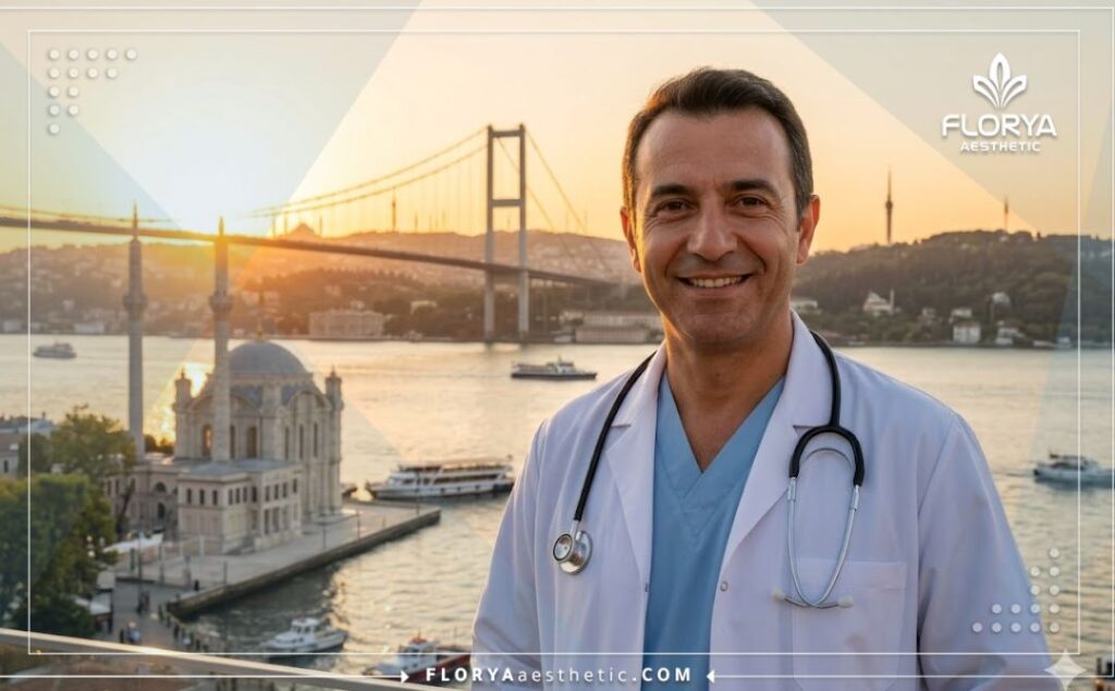 Friendly eye specialist smiling in Istanbul with the Bosphorus Bridge in the background