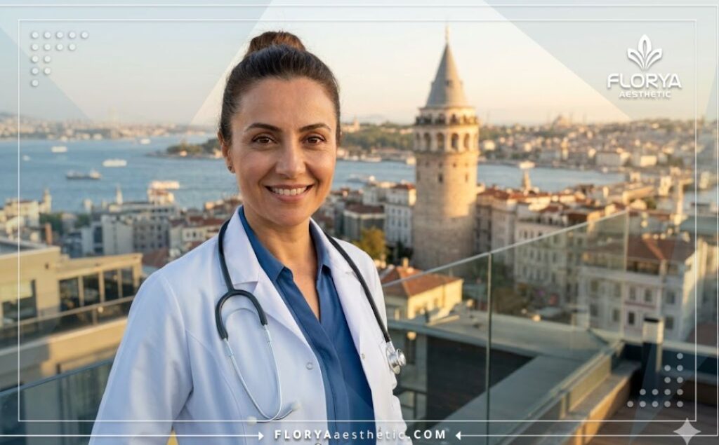 Friendly ophthalmologist smiling in Istanbul with Bosphorus bridge view