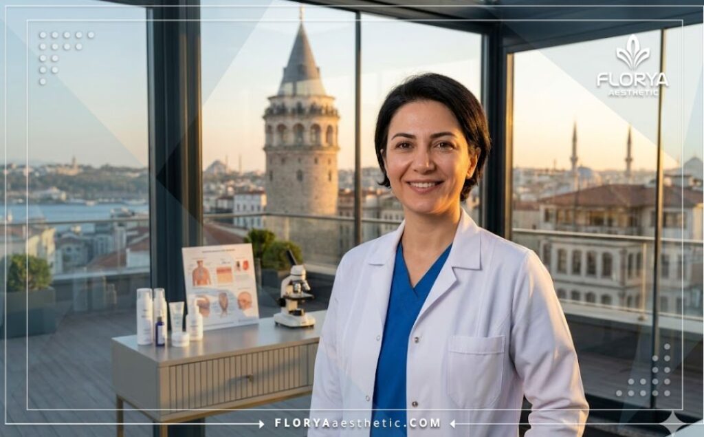 Dermatologue souriant accueillant un patient avec Istanbul en arrière-plan.