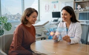 طبيب محترف يستخدم جهازاً لوحياً متقدماً لعرض خطة علاج الترددات الراديوية في تركيا للمريض بوضوح.