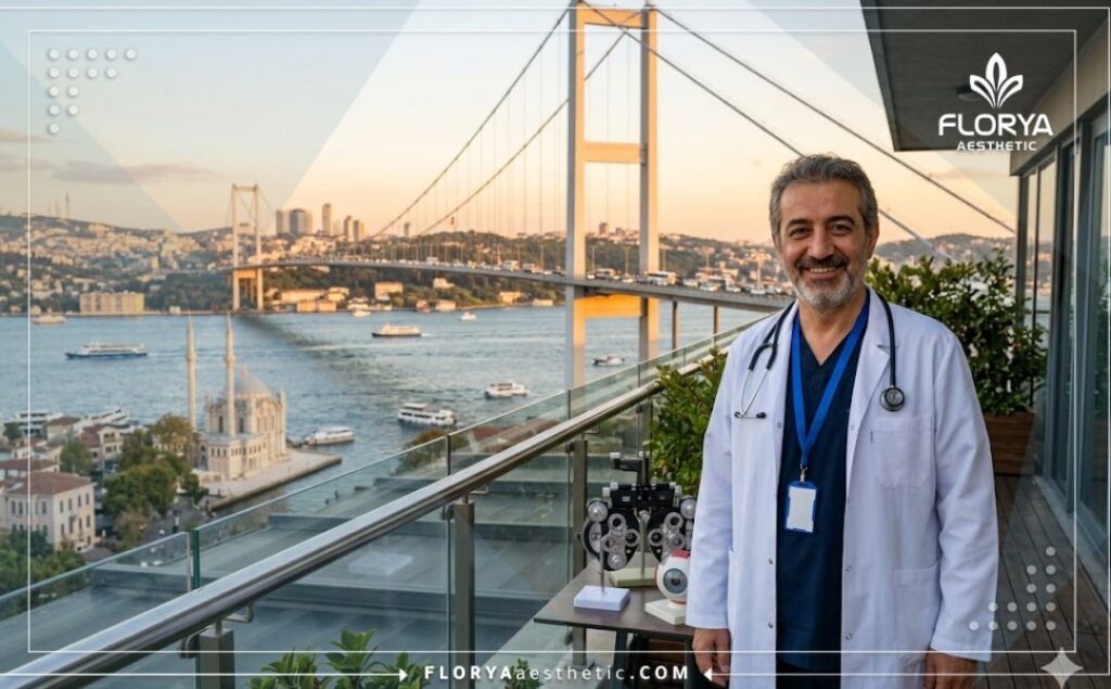 Friendly eye doctor standing in front of the Bosphorus Bridge in Istanbul