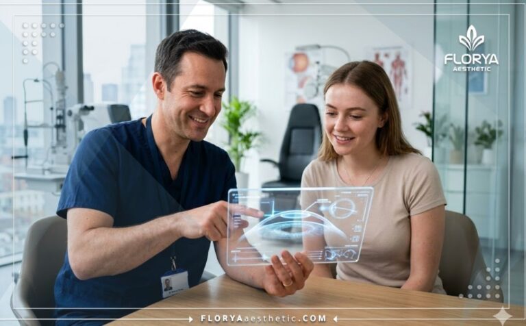 طبيب محترف يشرح إجراء عملية الفيمتو سمايل للمريض عبر جهاز لوحي