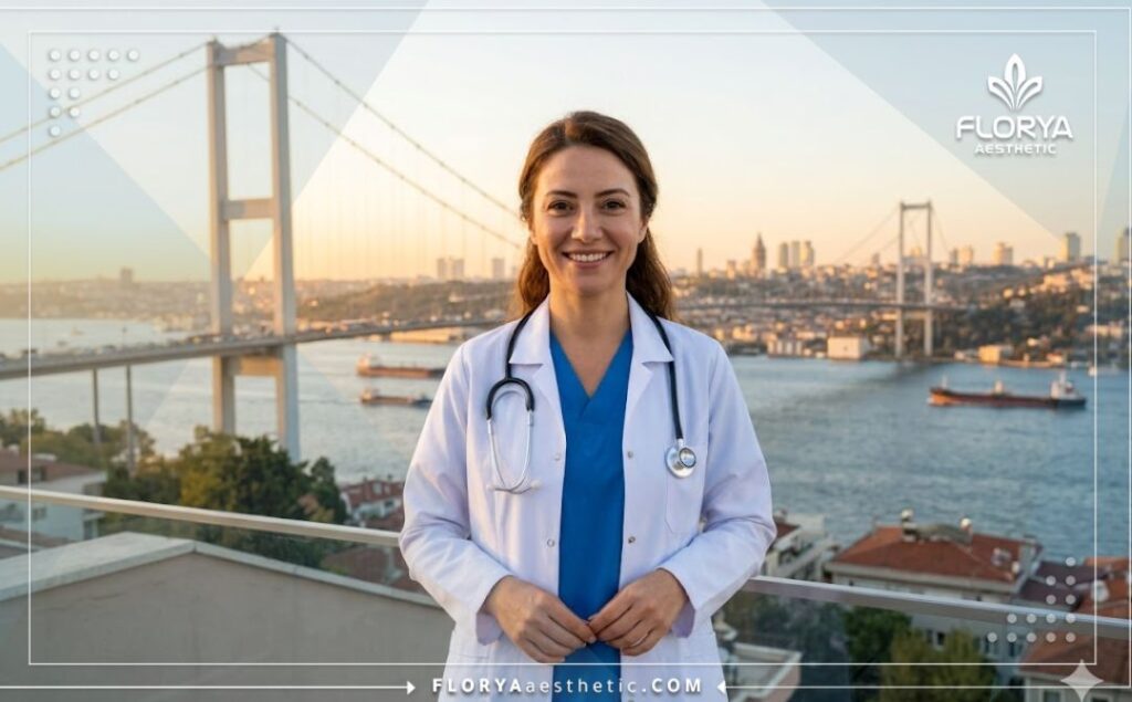 Friendly ophthalmologist smiling in front of the Bosphorus Bridge in Istanbul