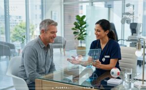 Professional doctor explaining Refractive Lens Exchange After 40 using a high-tech tablet