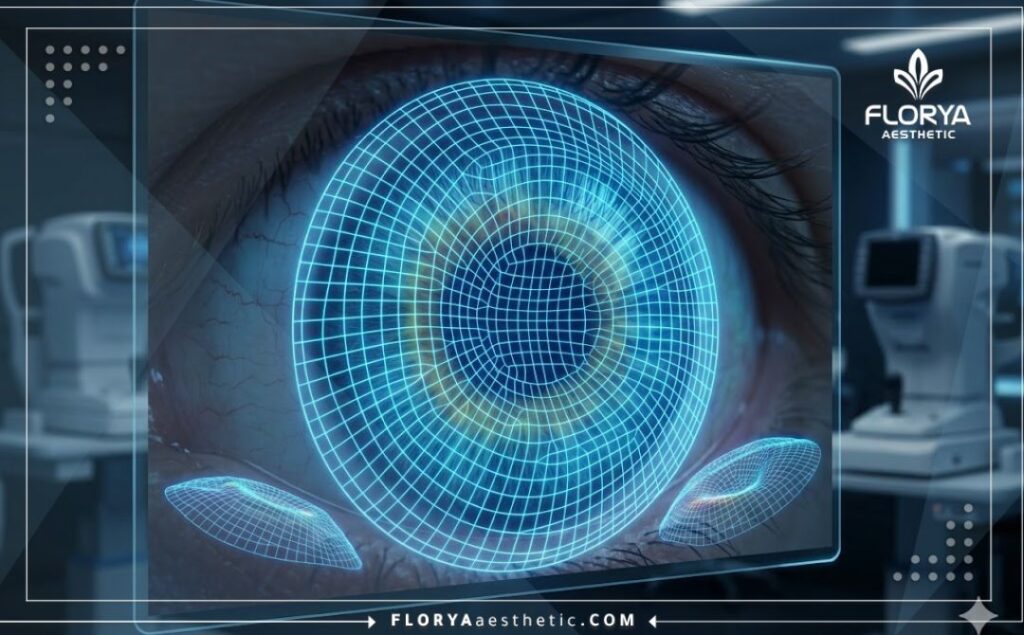 Futuristic 3D surface scan and topographic mesh of the cornea for precision eye mapping.