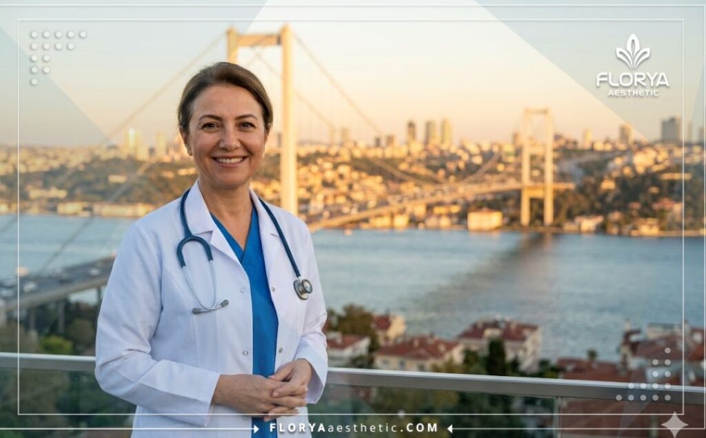 Friendly ophthalmologist smiling in Istanbul with a famous landmark in the background.