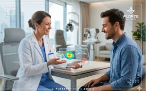 طبيب محترف يستخدم تقنيات رقمية متقدمة من أجل حجز فحص ما قبل عملية تصحيح النظر للمريض في عيادة حديثة.