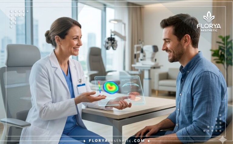 طبيب محترف يستخدم تقنيات رقمية متقدمة من أجل حجز فحص ما قبل عملية تصحيح النظر للمريض في عيادة حديثة.