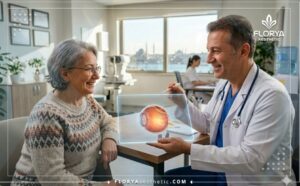 طبيب عيون محترف يشرح خطة عملية انفصال الشبكية في تركيا للمريض عبر شاشة رقمية حديثة.