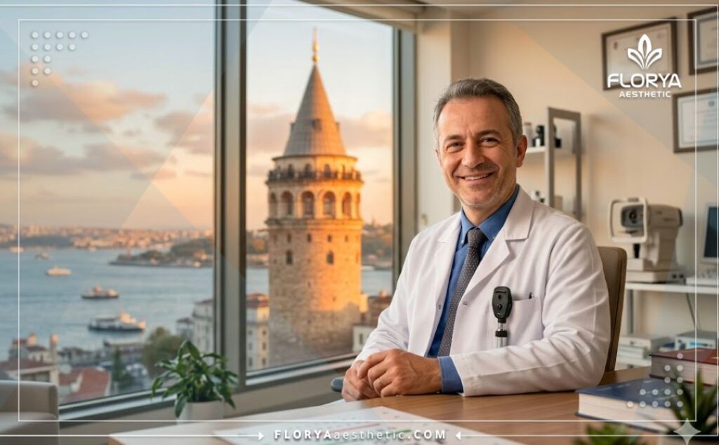 طبيب عيون مبتسم يرحب بالمرضى مع خلفية معالم اسطنبول.