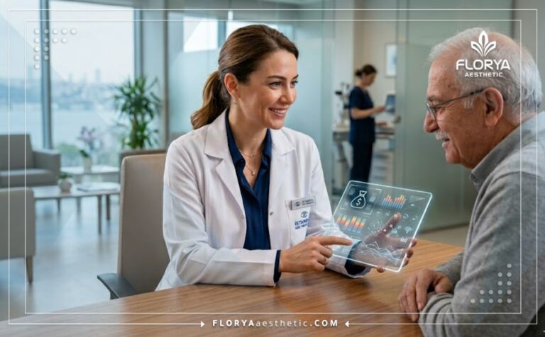 طبيب يشرح تفاصيل سعر عملية نزيف الشبكية في تركيا للمريض عبر شاشة رقمية