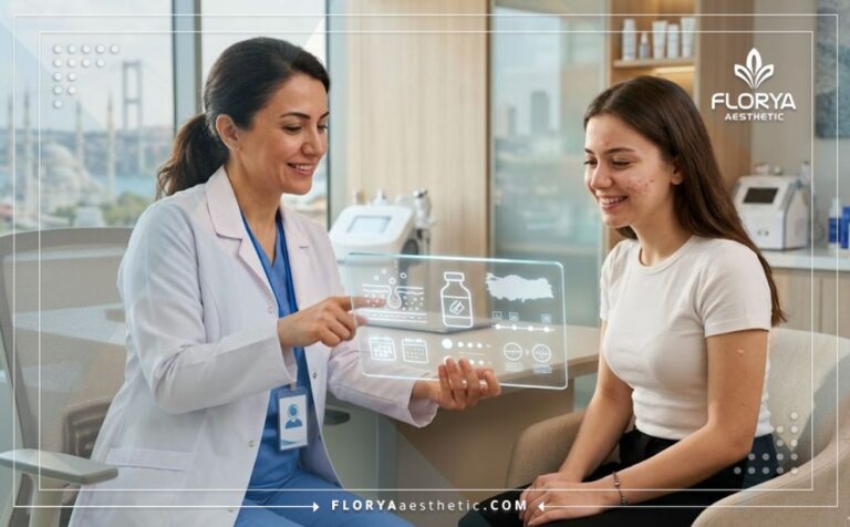 طبيب يشرح تقنية تقشير حمض الساليسيليك لحب الشباب في تركيا للمريض عبر شاشة رقمية