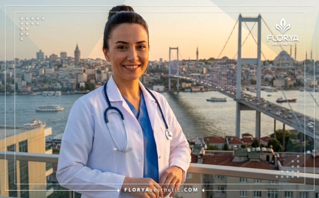 Дружелюбный врач приветствует пациентов на фоне достопримечательностей Стамбула