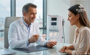 طبيب خبير يشرح تقنية سكارليت في تركيا للمريض باستخدام تكنولوجيا حديثة