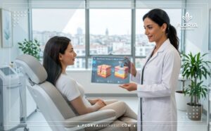 Doctor explicando el plan de Terapia de ondas de choque para la piel en Turquía con tecnología digital.