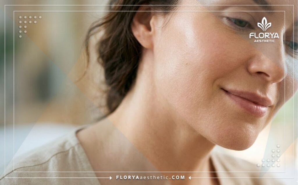 Primer plano cinematográfico de una piel perfecta y rejuvenecida tras el tratamiento.