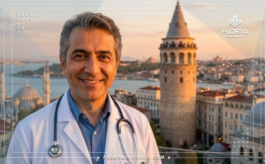 Doctor amigable sonriendo a la cámara con el puente del Bósforo de Estambul de fondo.