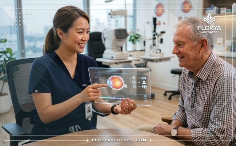 Médecin expliquant le Coût du retrait d'huile de silicone sur une tablette numérique.
