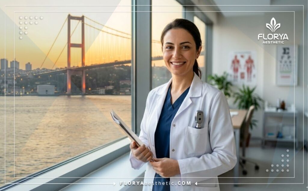 Ophtalmologiste souriant à Istanbul au coucher du soleil.