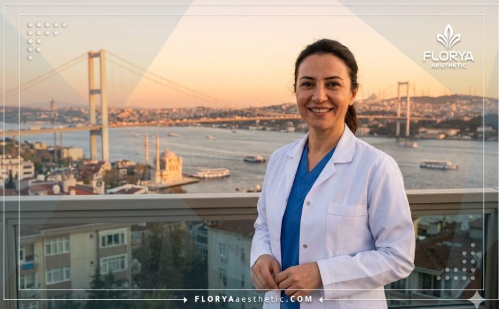 Приветливый врач на фоне знаменитой Галатской башни в Стамбуле