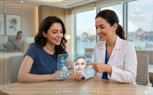 طبيب محترف يعرض خطة علاج إبر النضارة في تركيا للمريض عبر جهاز لوحي شفاف