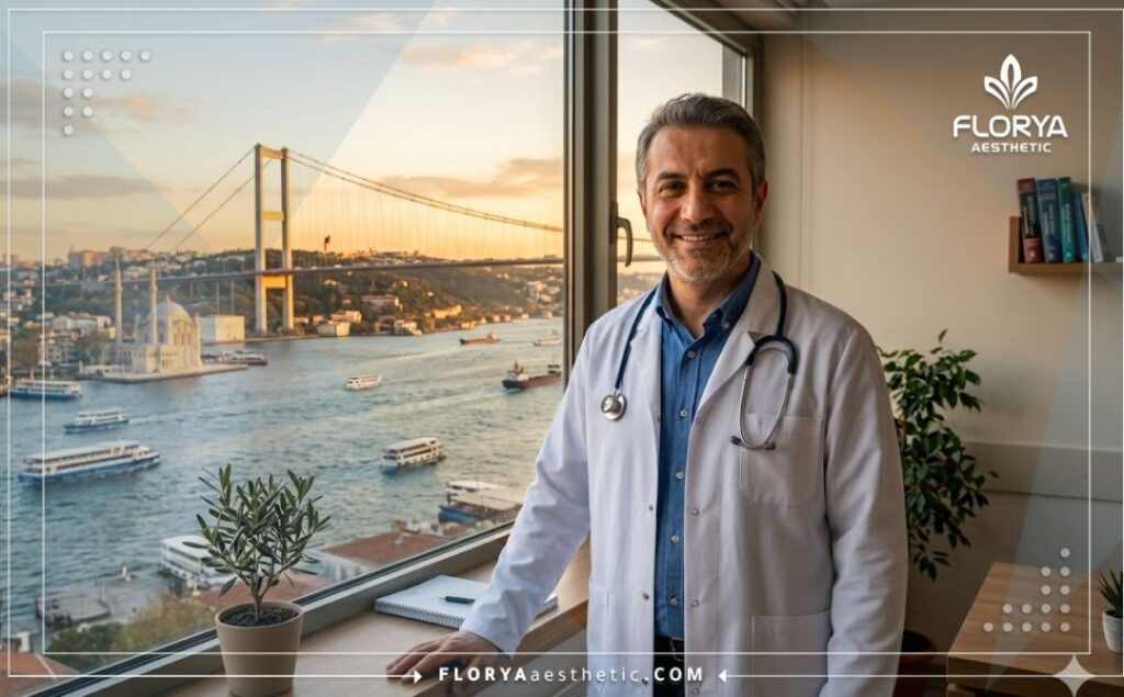 طبيب تجميل ودود يرحب بالمرضى في اسطنبول مع خلفية البوسفور