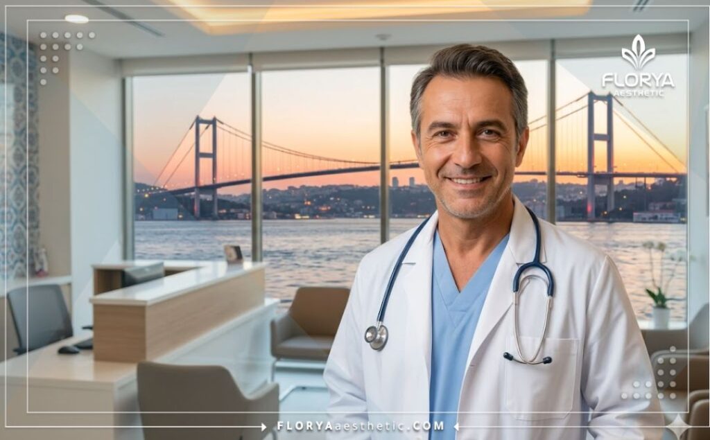 Médico sonriente dando la bienvenida en Estambul junto al Bósforo