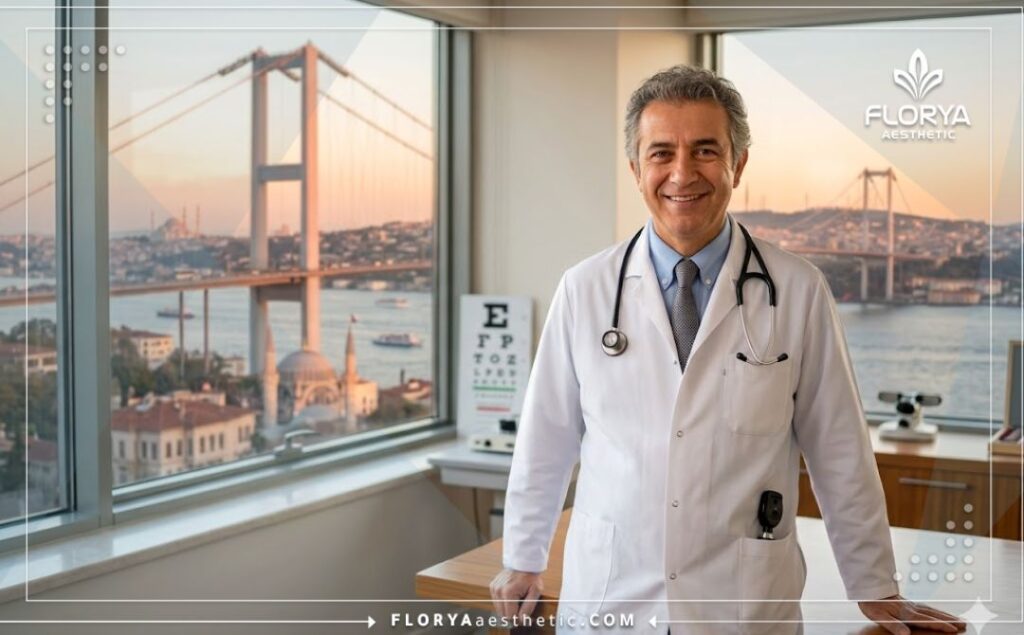 Friendly eye doctor welcoming patients in Istanbul at golden hour
