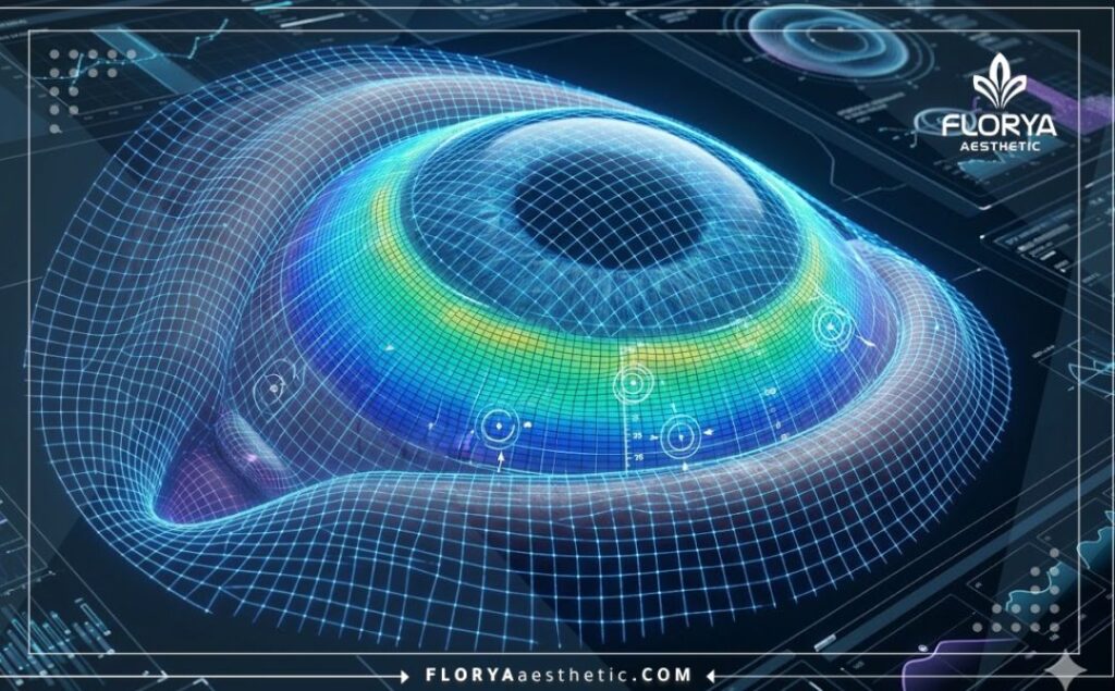 مسح رقمي ثلاثي الأبعاد لمنطقة العين يوضح دقة تخطيط جراحة تصحيح الحول.