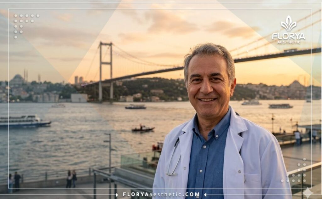 طبيب عيون ودود يرحب بالمرضى في اسطنبول مع خلفية لجسر البوسفور.