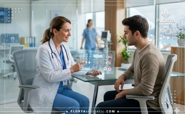 طبيب محترف يستخدم جهازا لوحيا متطورا لشرح تكلفة عملية الحول في تركيا للمريض