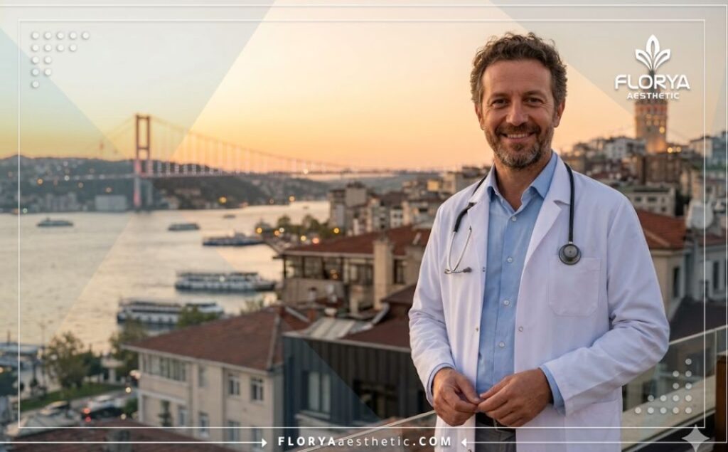 طبيب عيون يرحب بك في اسطنبول مع خلفية لجسر البوسفور