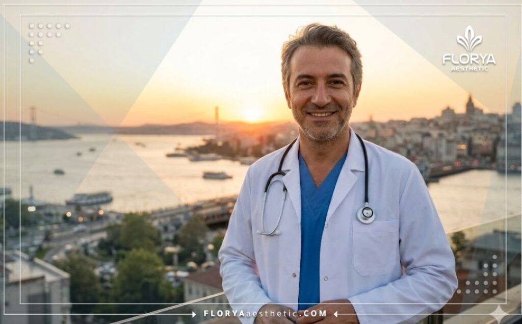 Amigable doctor estético sonriendo con un puente icónico de Estambul de fondo