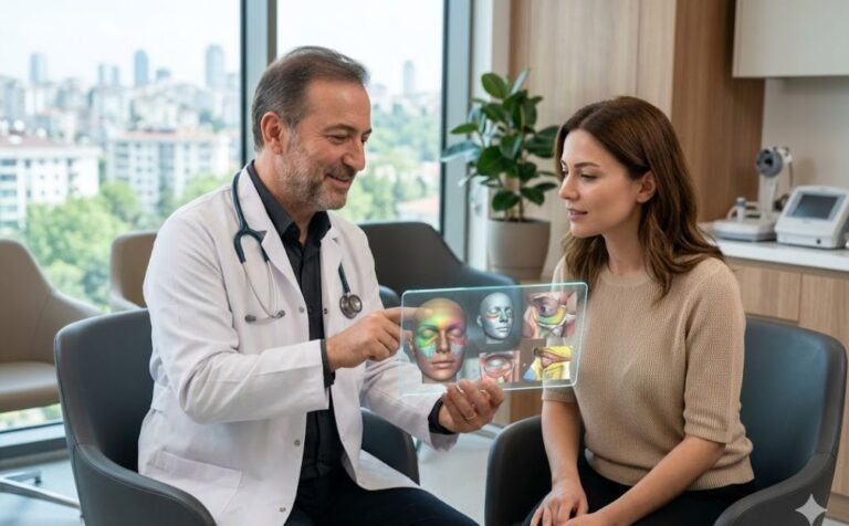 طبيب محترف يستخدم تقنيات التخطيط الرقمي لشرح جراحة تجميل العيون الغائرة في تركيا للمريض.