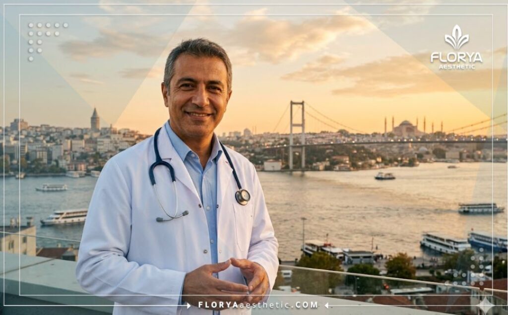 Friendly aesthetic doctor with the Bosphorus Bridge in Istanbul background