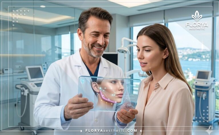 طبيب يعرض خطة تقنية التكساس بالفيلر في تركيا عبر شاشة رقمية حديثة