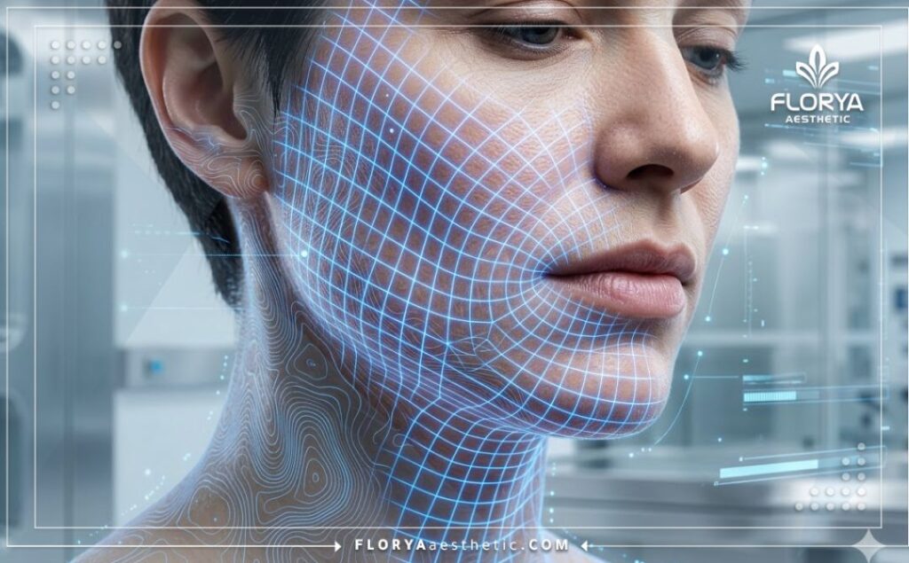 Futuristic 3D surface scan of facial anatomy demonstrating aesthetic precision.