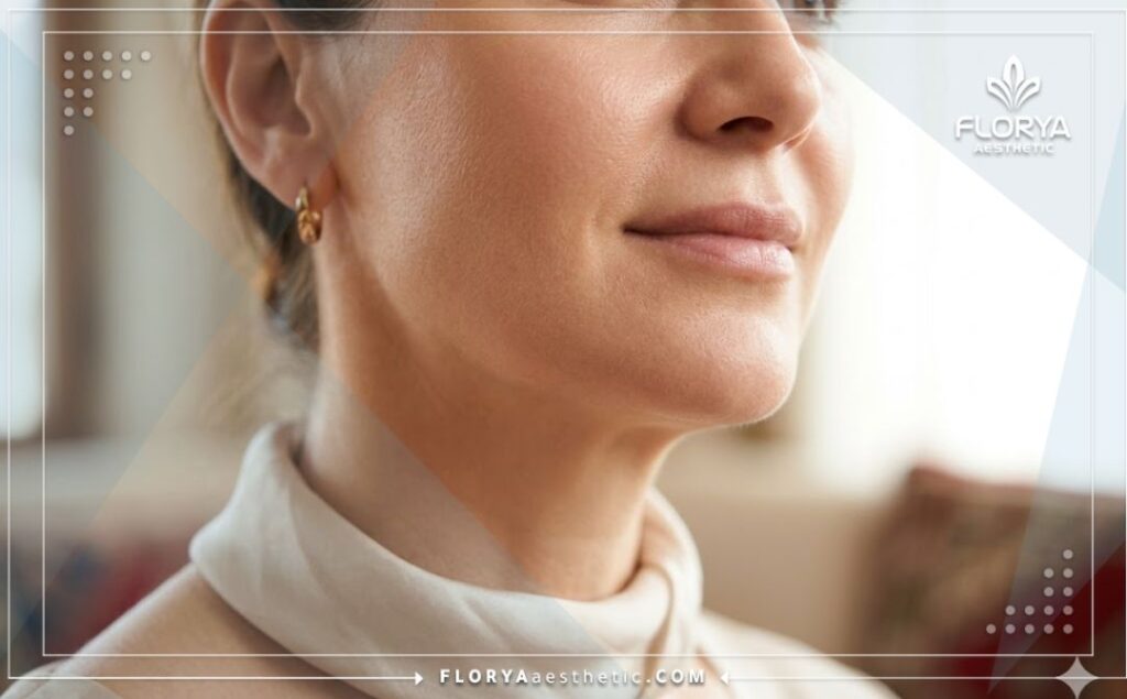 Cinematic close-up showing perfect facial contouring and tightened skin results.