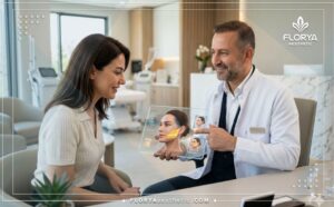 Professional aesthetic doctor using a digital tablet to plan a Thread Lift and HIFU in Turkey.