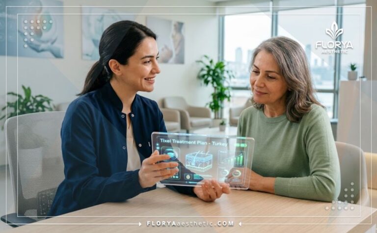 طبيب محترف يشرح خطة تقنية تكسل الحرارية في تركيا للمريض باستخدام جهاز لوحي متطور في عيادة حديثة.