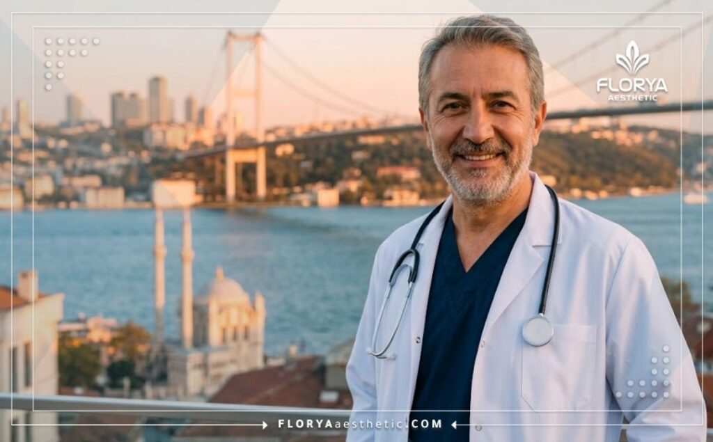 Médico amable dando la bienvenida a los pacientes con un paisaje icónico de Estambul al fondo.